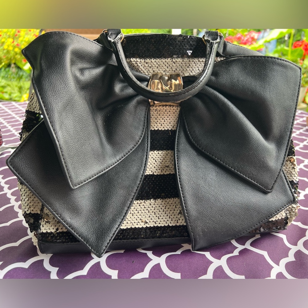 Betsy Johnson Sequin Black and White Stripe Handbag NEW NWT
